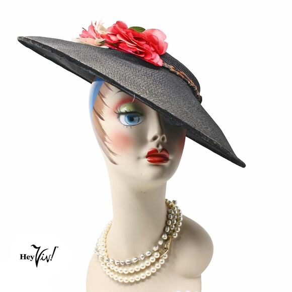 Vintage 1940s Black Wide Brim Platter Tilt Hat Floral Statement Style - Hey Viv